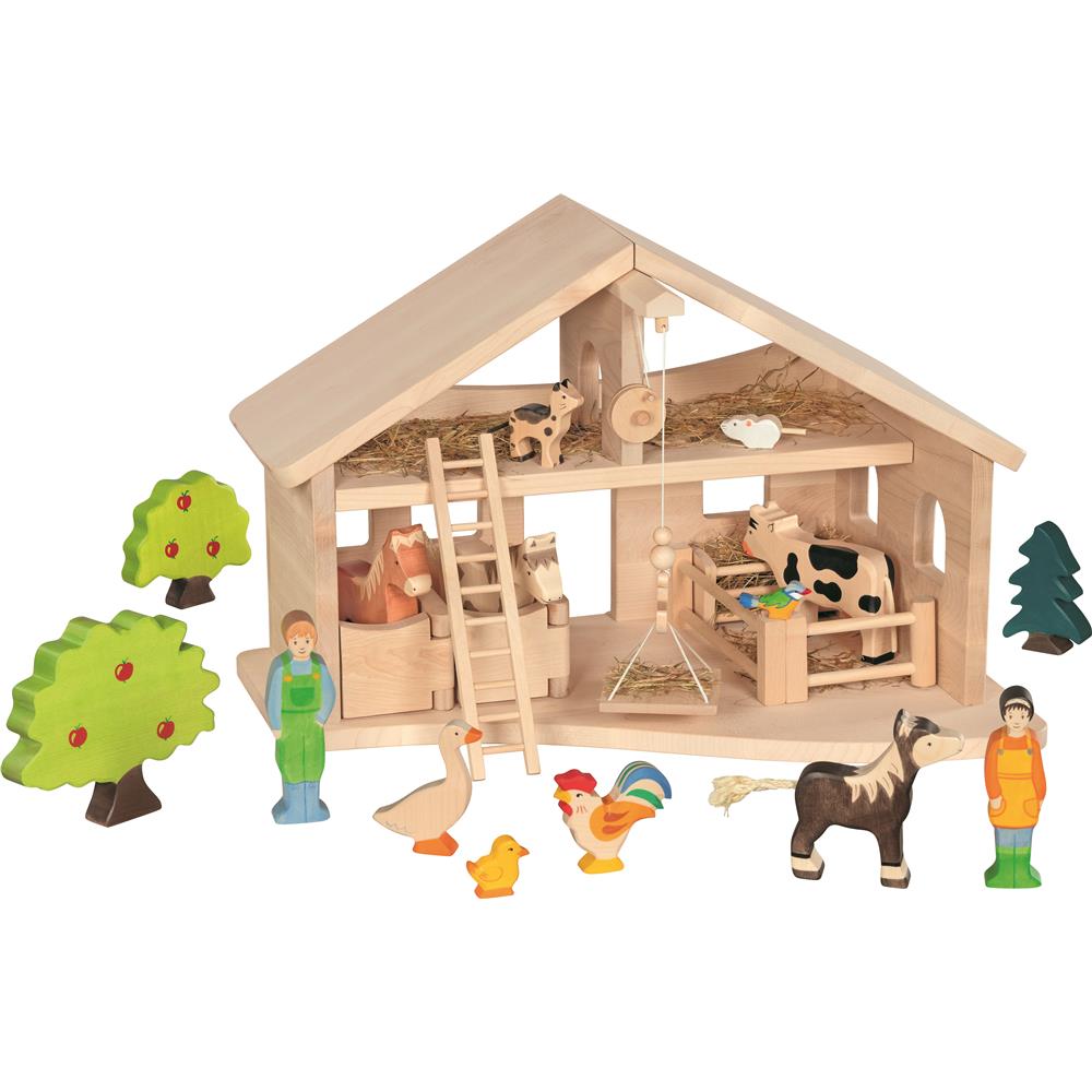 Holztiger Stall mit Seilwinde, Bauernhof, Holzspielzeug, ab 3 Jahren