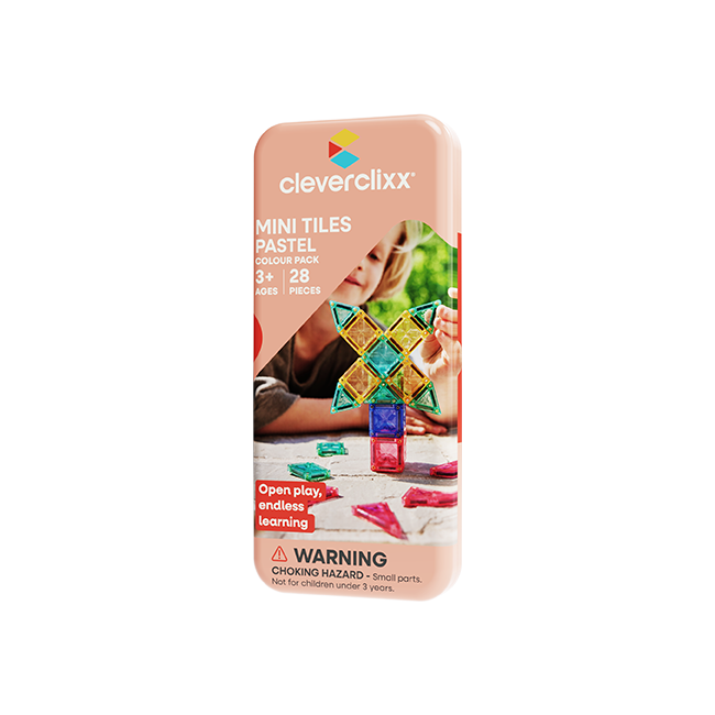 Cleverclixx Mini Tiles Pack Pastellfarben 28 Teile, kompaktes Design für unterwegs ToGo, inklusive Aufbewahrungsbox, Magnetspielzeug
