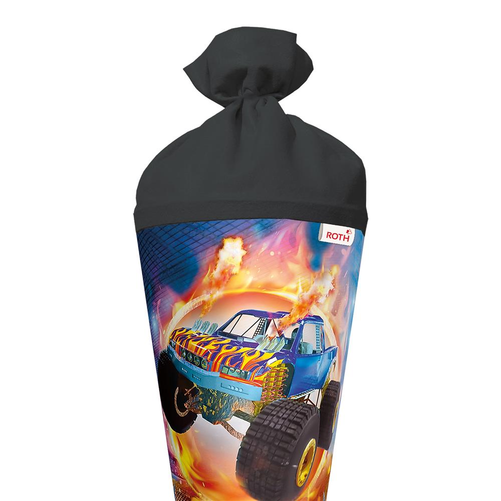 Roth Schultüte Monstertruck Fire, 70cm, rund, Rot(h)-Spitze, Filzverschluss, Folieneffekt