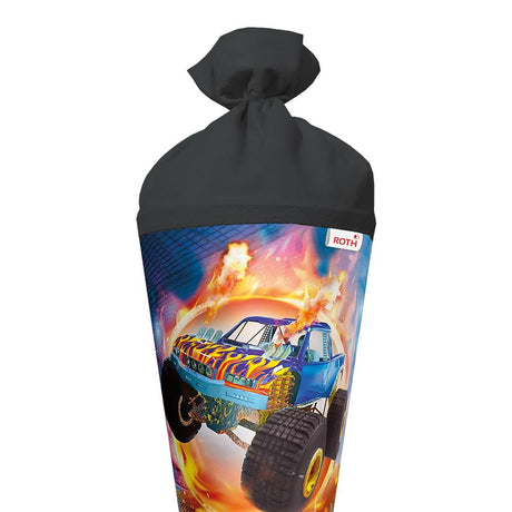 Roth Schultüte Monstertruck Fire, 70cm, rund, Rot(h)-Spitze, Filzverschluss, Folieneffekt