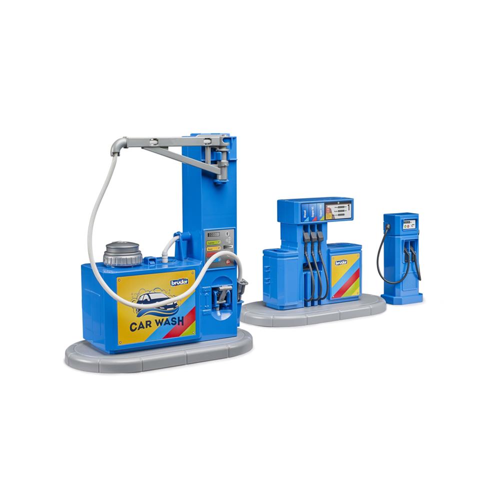 Bruder 62113 - Zubehör: Tankstelle und Waschplatz, Spielset, Zapfsäule, Ladestation für E-Autos