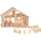 Holztiger Stall mit Seilwinde, Bauernhof, Holzspielzeug, ab 3 Jahren