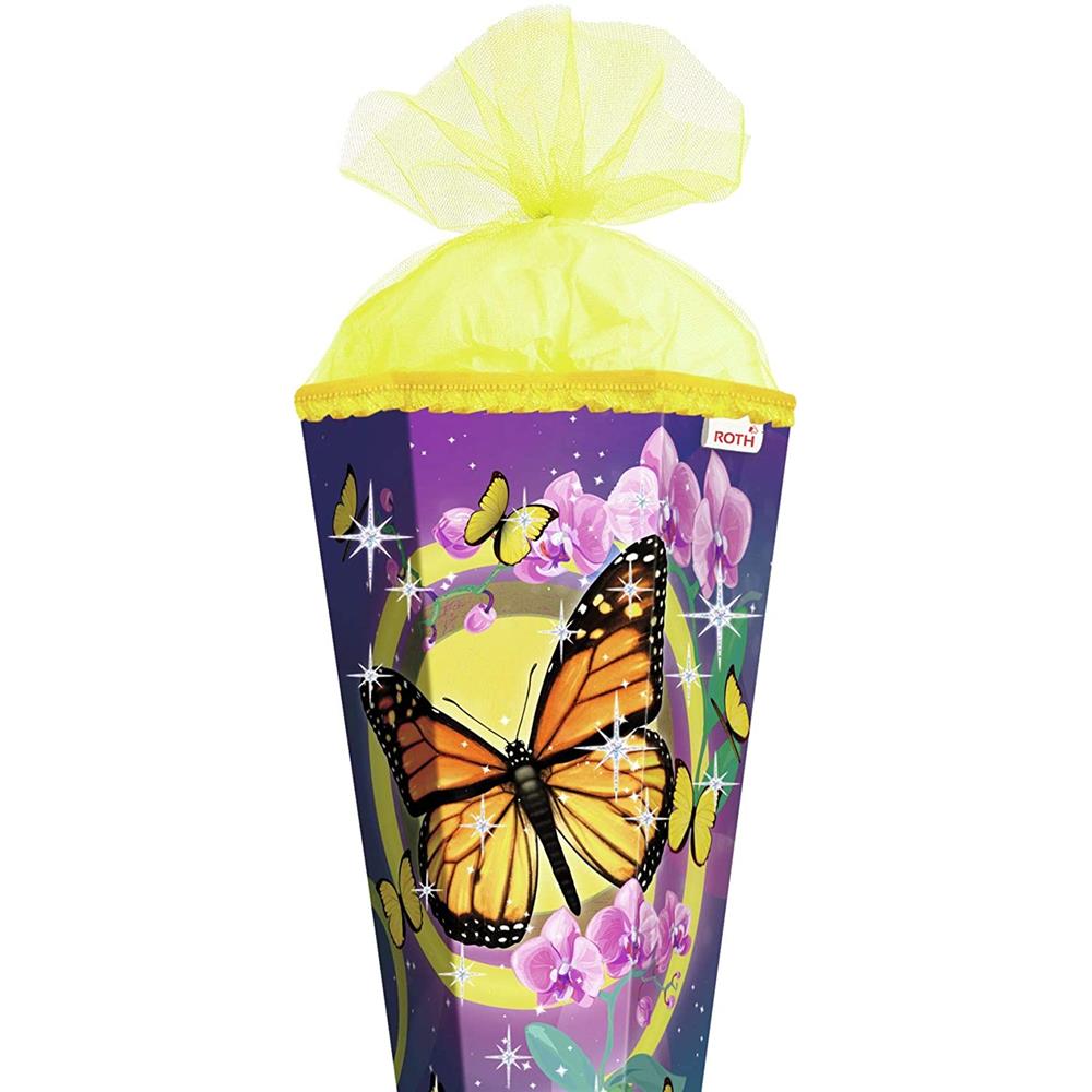 Roth Schultüte Schmetterling, 85cm, eckig, Rot(h)-Spitze, Tüllverschluss, Glitter, Rüschenborte