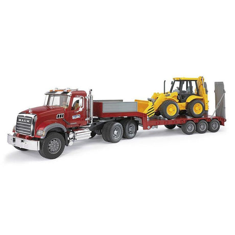 Bruder 02813 - MACK Granite LKW mit Tieflader und JCB 4CX Baggerlader, 1:16
