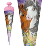 Roth Schultüte Blumenpferde, 70cm, rund, Rot(h)-Spitze, Filzverschluss, Glitter