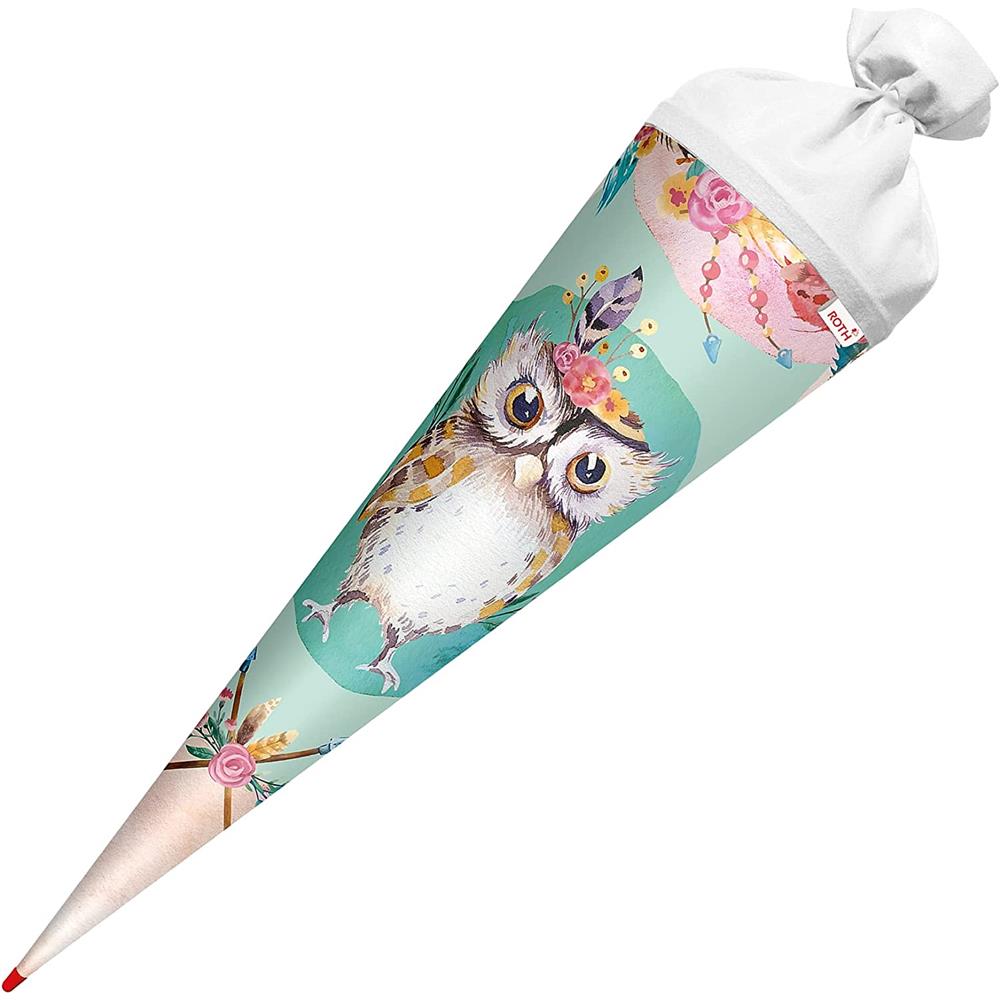 Roth Schultüte Eule Lieselotte, 70cm, rund, Rot(h)-Spitze, Filzverschluss
