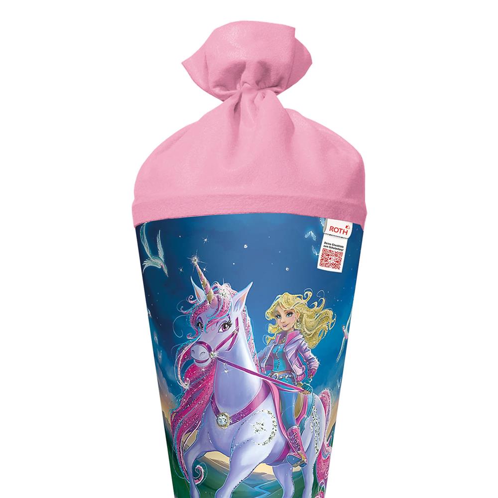 Roth Schultüte Magische Einhornreiterin, 70cm, rund, Rot(h)-Spitze, Filzverschluss, Glitter