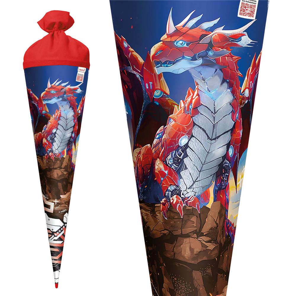 Roth Schultüte Robo Drache, 70cm, rund, Rot(h)-Spitze, Filzverschluss, Folieneffekt