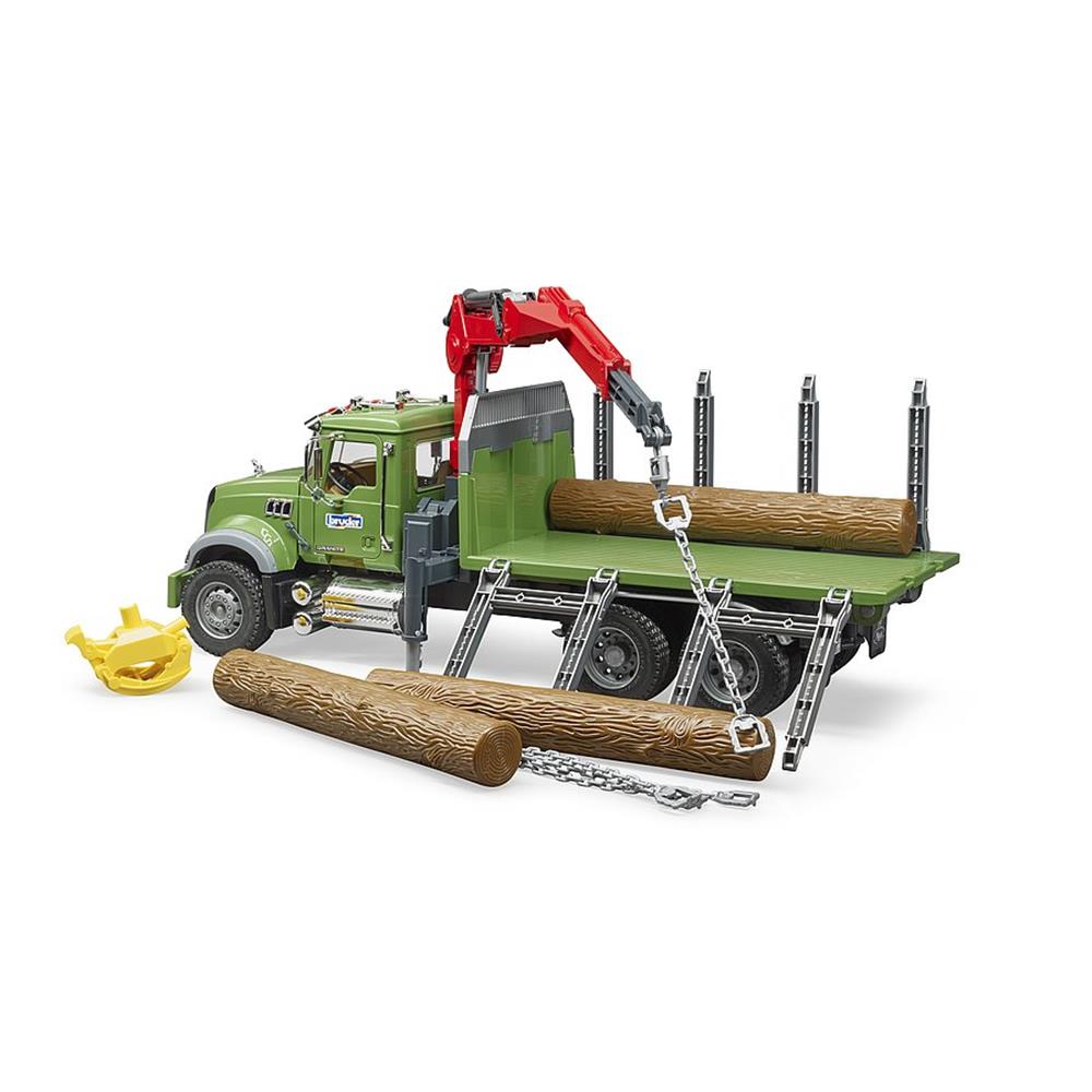 Bruder 02824 - MACK Granite Holztransport LKW, Ladekran, Greifer + 3 Baumstämmen