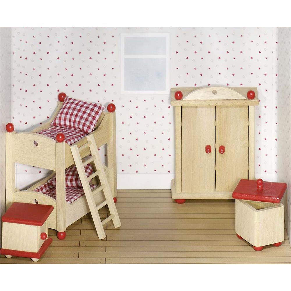 goki Puppenmöbel Kinderzimmer, 12-teiliges Puppenhauszubehör aus Holz