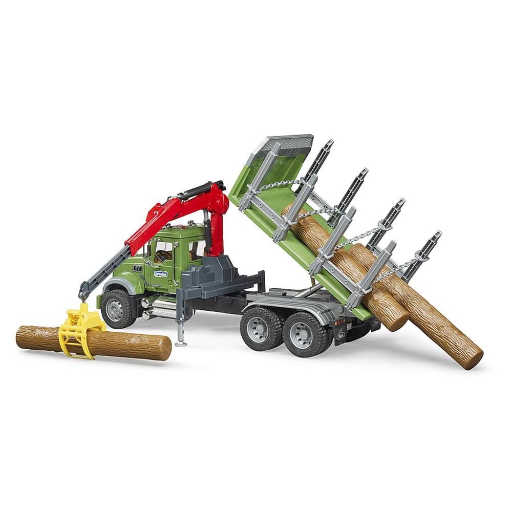 Bruder 02824 - MACK Granite Holztransport LKW, Ladekran, Greifer + 3 Baumstämmen