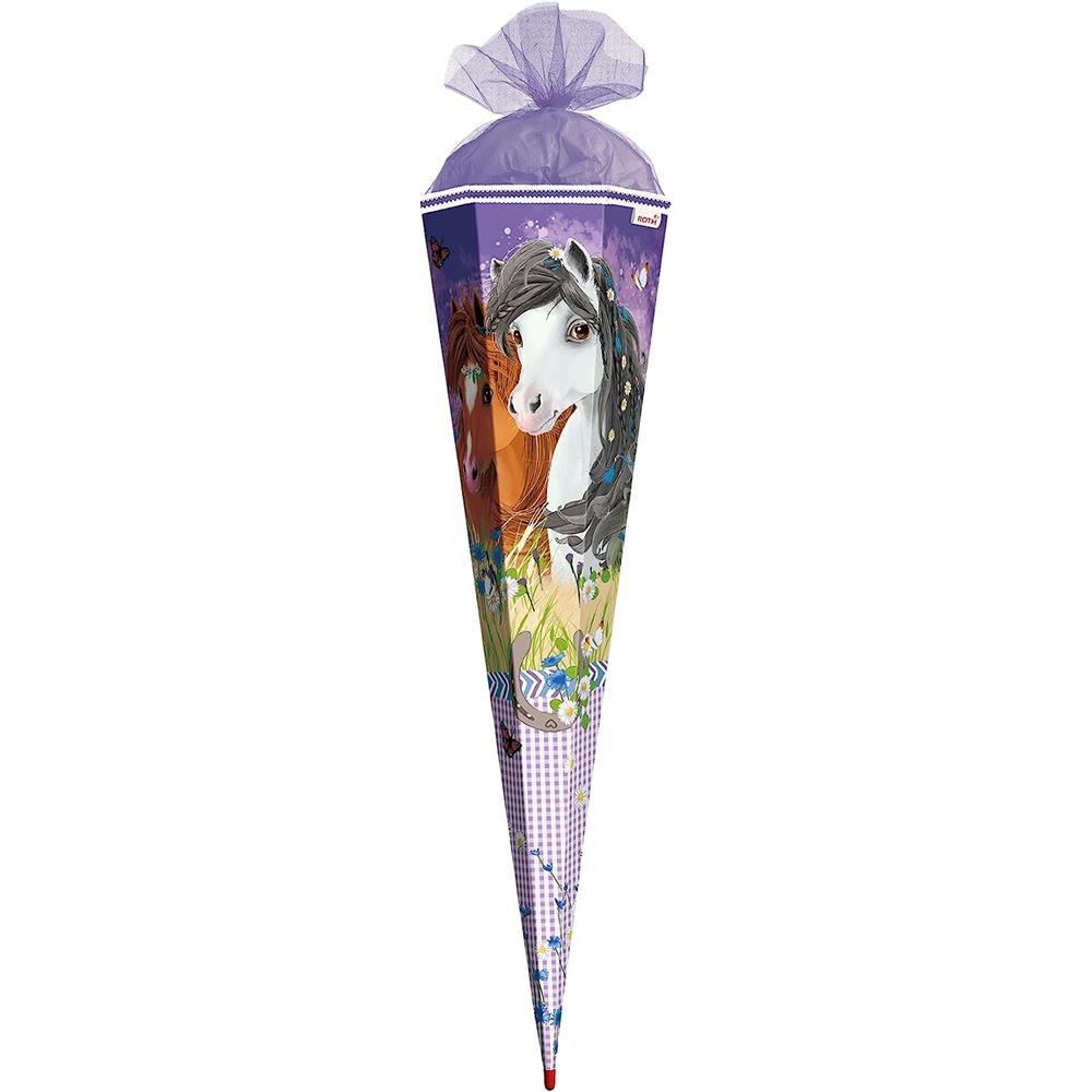 Roth Schultüte Blumenpferde, 85cm, eckig, Rot(h)-Spitze, Tüllverschluss