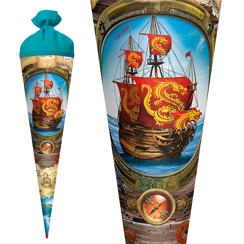 Roth Schultüte Piratenschiff, 70cm, rund, Rot(h)-Spitze, Filzverschluss