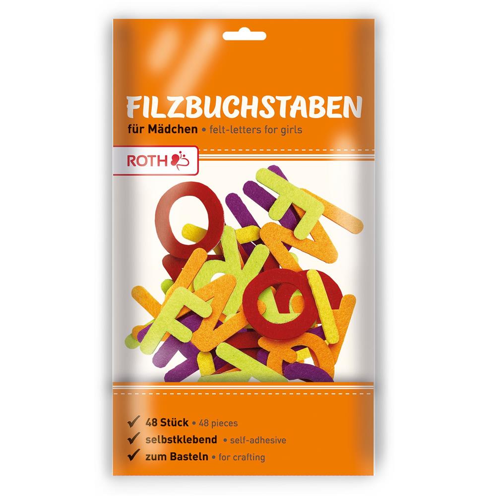 Roth Filzbuchstaben gelb-rot-lila, 48 Teile, selbstklebend – zum Basteln und Schultüten verzieren