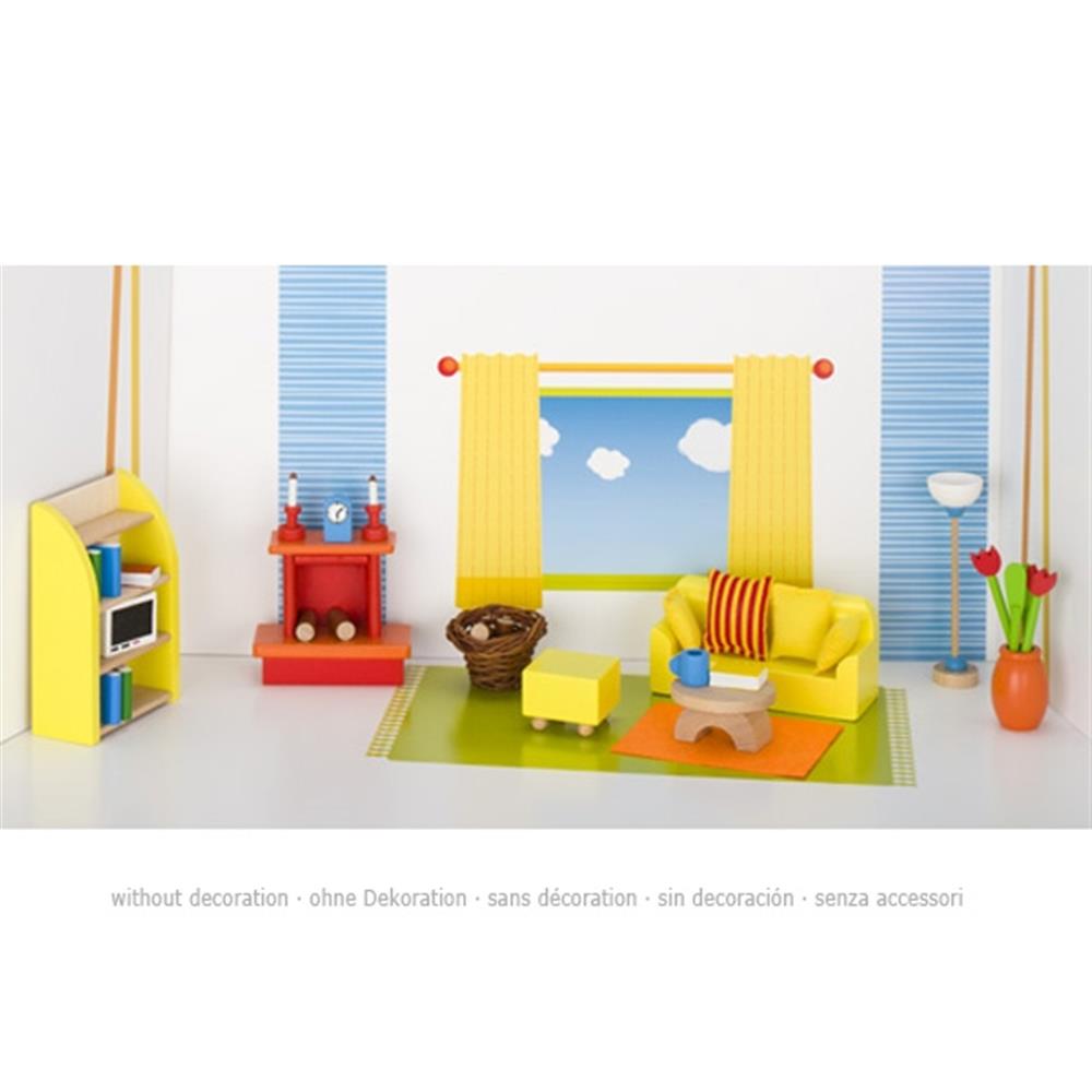 goki Puppenmöbel Wohnzimmer, 34-teiliges Puppenhauszubehör aus Holz