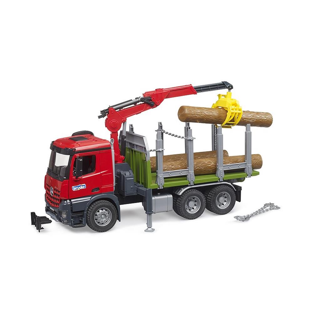 Bruder 03669 - MB Arocs Holztransport-LKW mit Ladekran, Greifer und 3 Baumstämmen