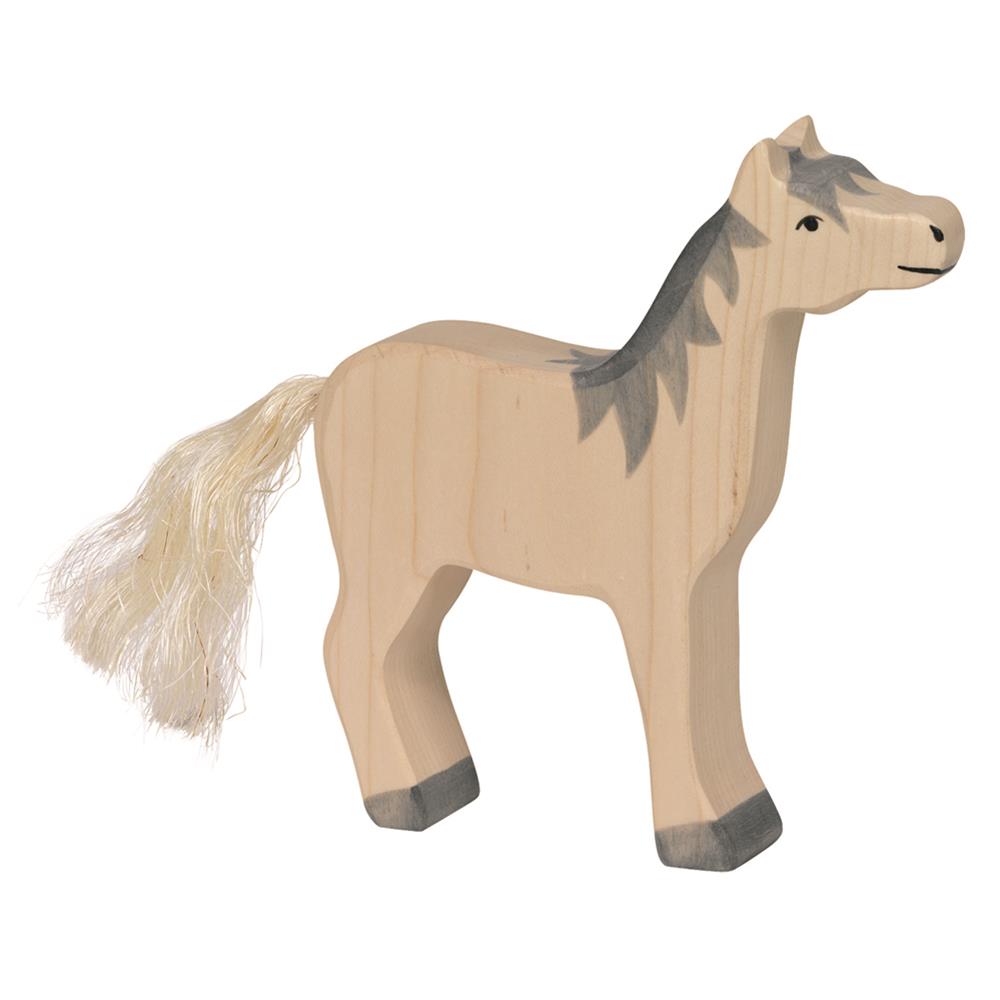 Holztiger Holzfigur - Pferd, Kopf hoch, graue Mähne, Holzspielzeug, ab 3 Jahren