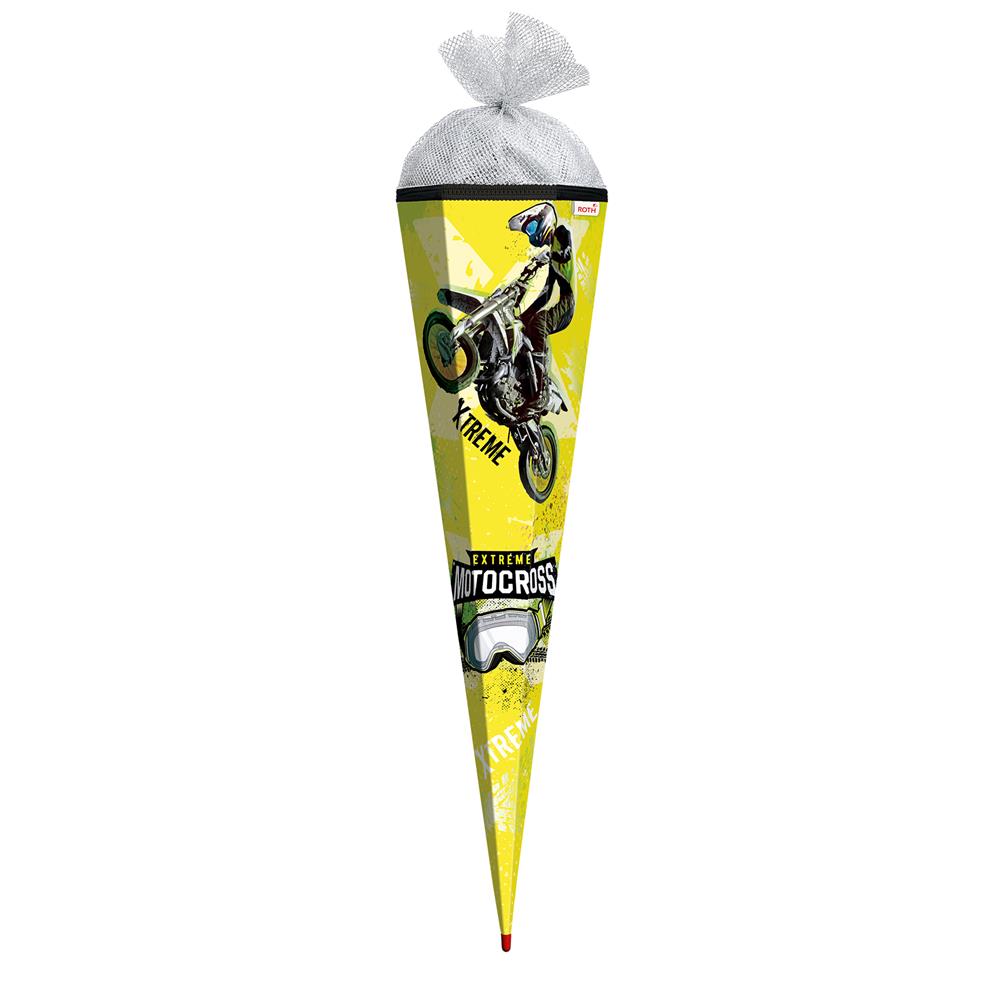 Roth Schultüte Extreme Motocross mit Glanzfolie, 85cm, eckig, mit Rot(h)-Spitze und silbernen Tüllverschluss