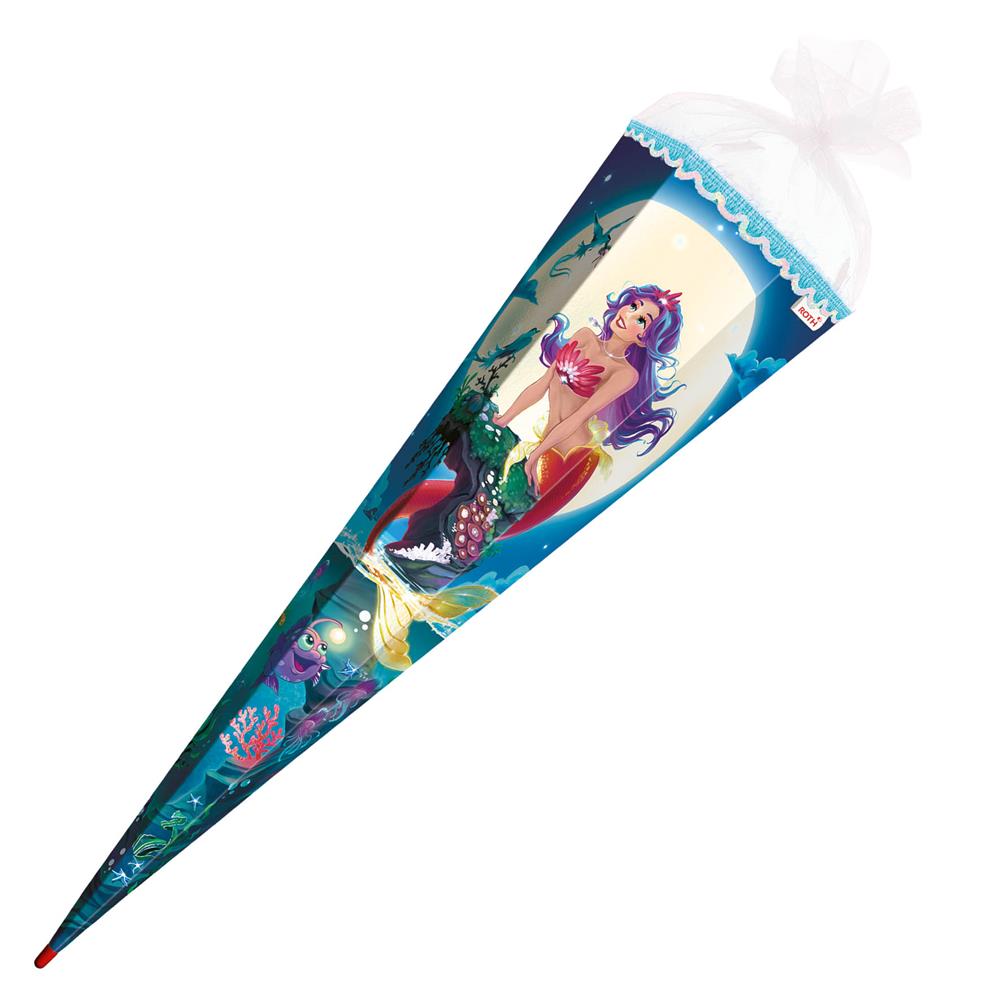 Roth Schultüte Magische Meerjungfrau, 85cm, eckig, Rot(h)-Spitze, Filzverschluss, Folieneffekt, Paillettenborte