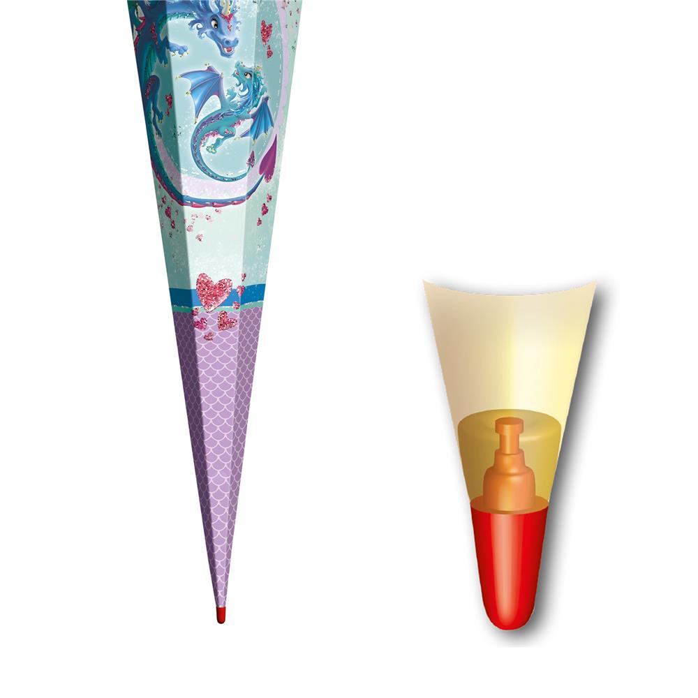 Roth Schultüte Drachenliebe, 85cm, eckig, Rot(h)-Spitze, Tüllverschluss, Glitter, Pailettenborte