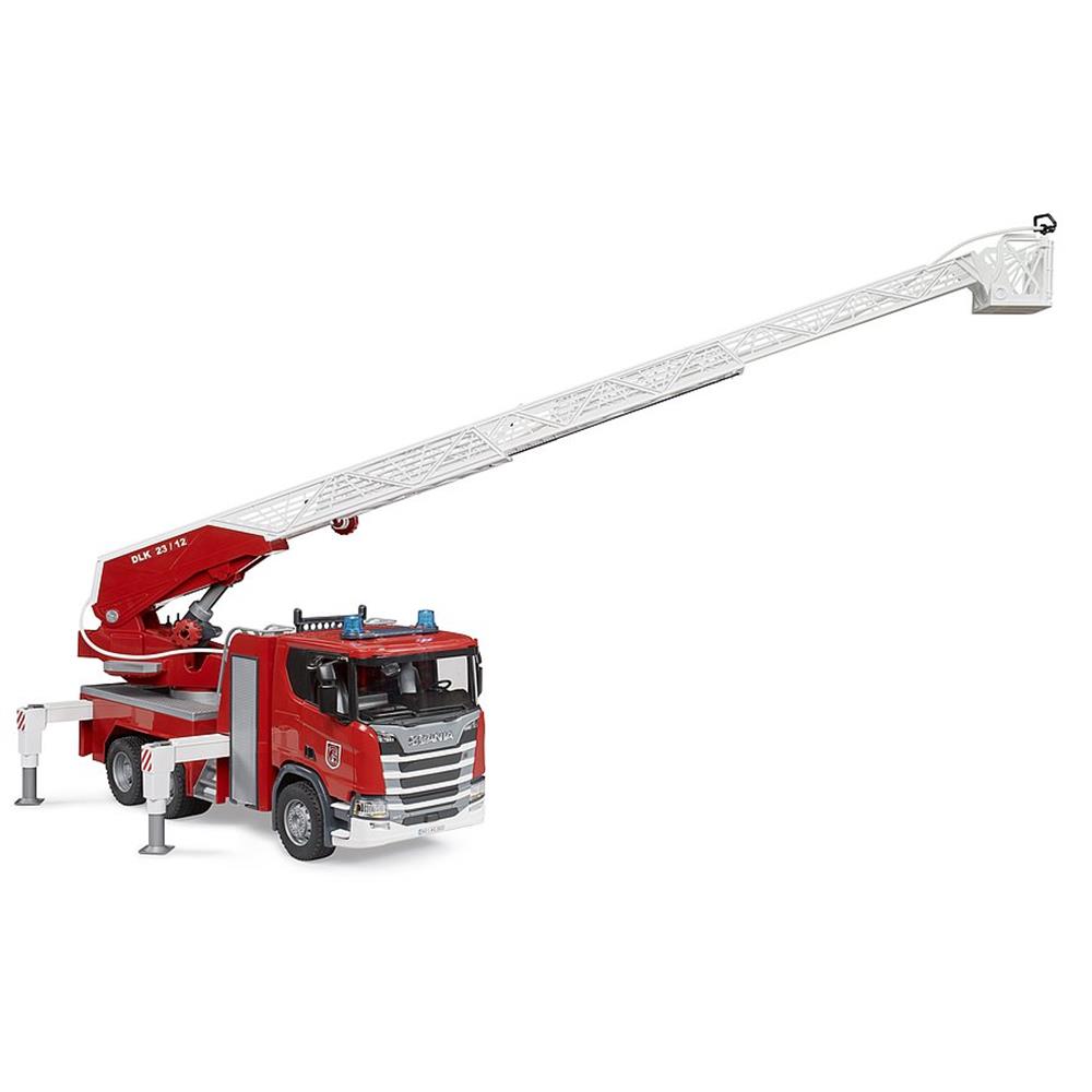Bruder 03591 - Scania Super 560R Feuerwehr mit Drehleiter, Wasserpumpe, Licht & Sound Modul