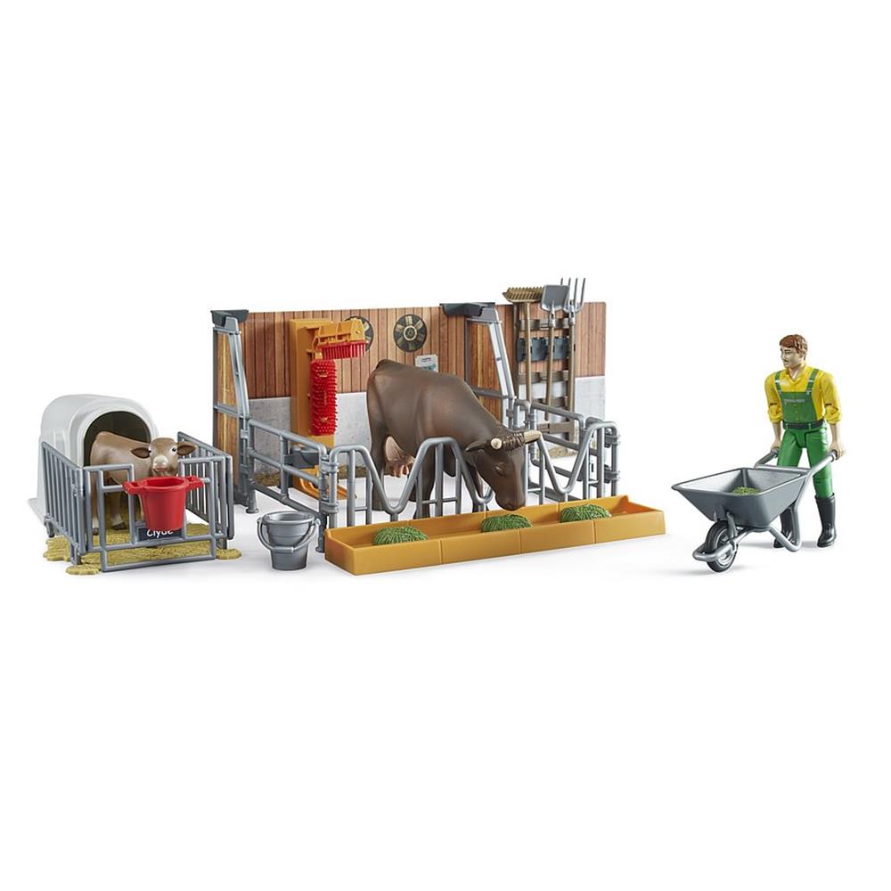 Bruder 62611 - bworld Kuh- und Kälberstall mit Landwirt, Kuh und Kalb