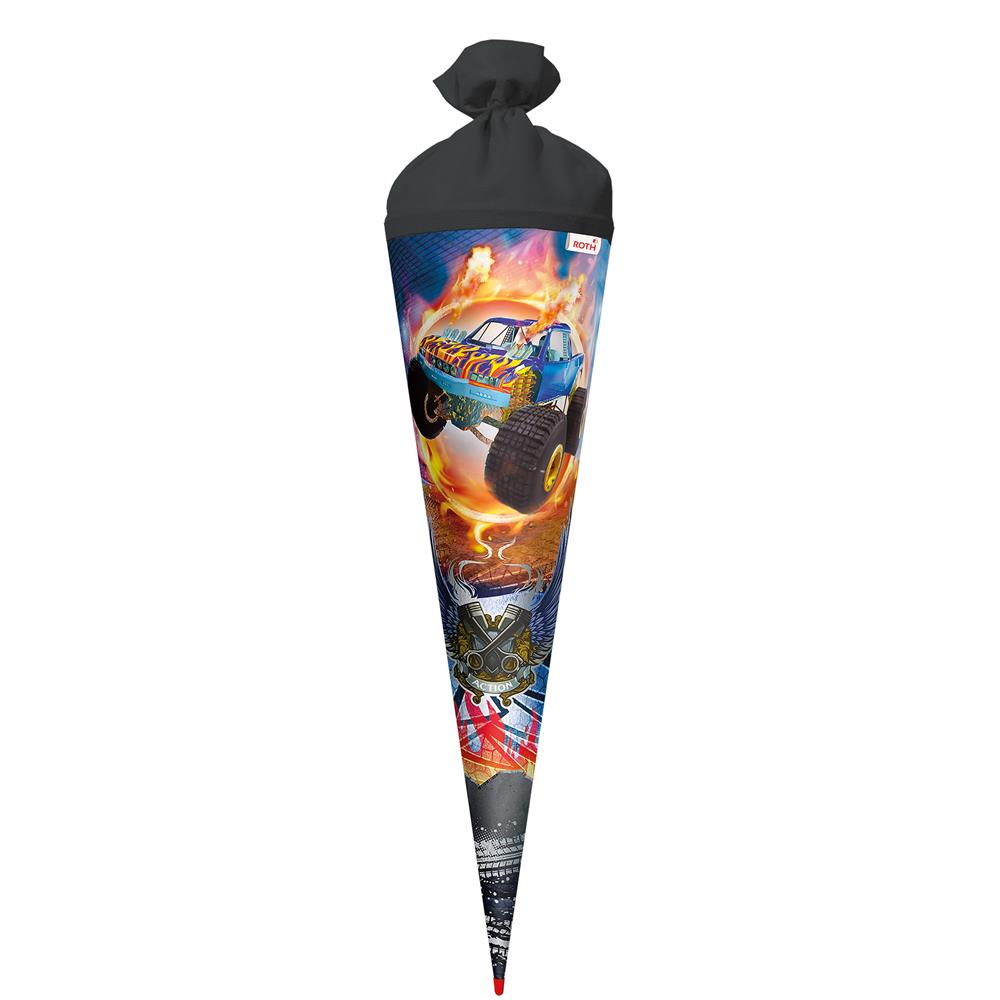 Roth Schultüte Monstertruck Fire, 70cm, rund, Rot(h)-Spitze, Filzverschluss, Folieneffekt